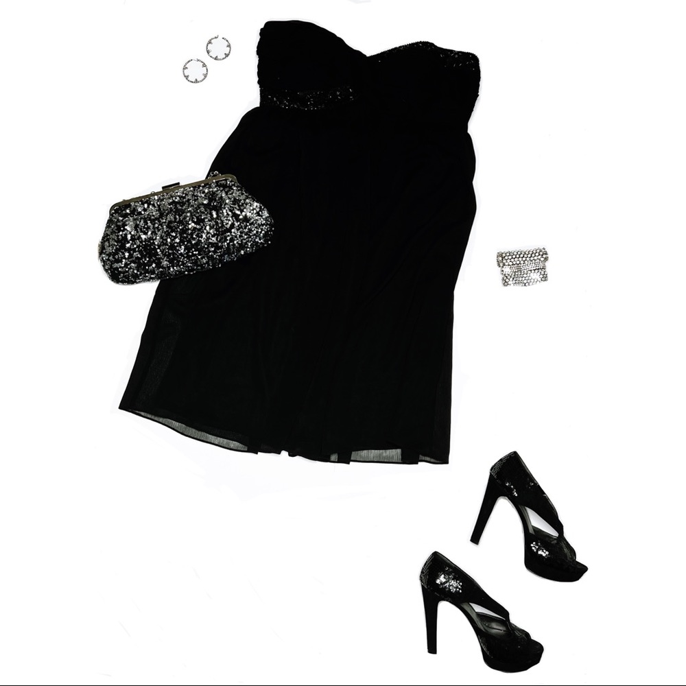 NWT London Style Black Beaded Strapless Cocktail Dress SZ 14